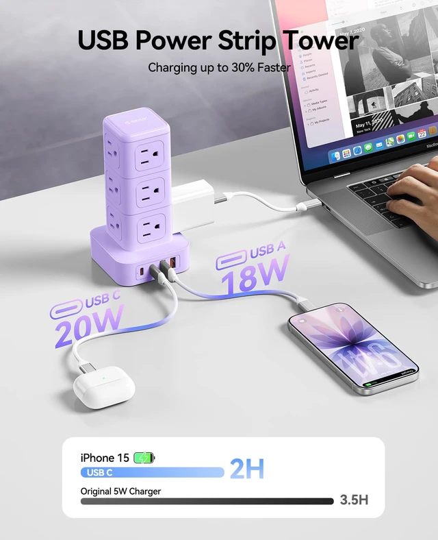 Alt view image 4 of 7 - 10FT Extension Cord with 12 AC Outlets 4 USB, Surge Protetctor Power Power Strip Tower, Outlet Extender, 20W Fast Charge Desk Accessories for Home Office Dorm