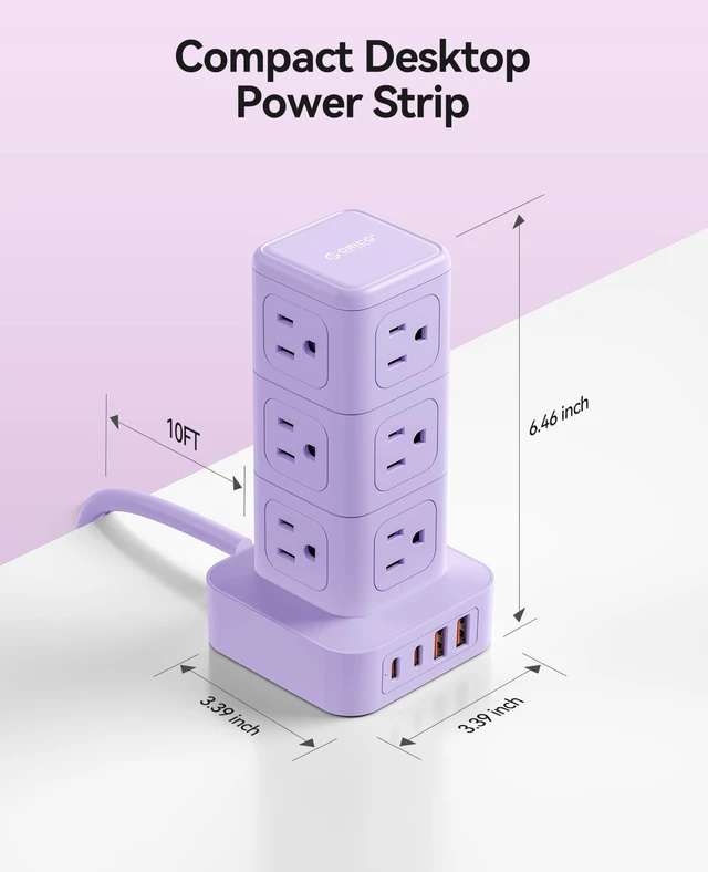 Alt view image 6 of 7 - 10FT Extension Cord with 12 AC Outlets 4 USB, Surge Protetctor Power Power Strip Tower, Outlet Extender, 20W Fast Charge Desk Accessories for Home Office Dorm