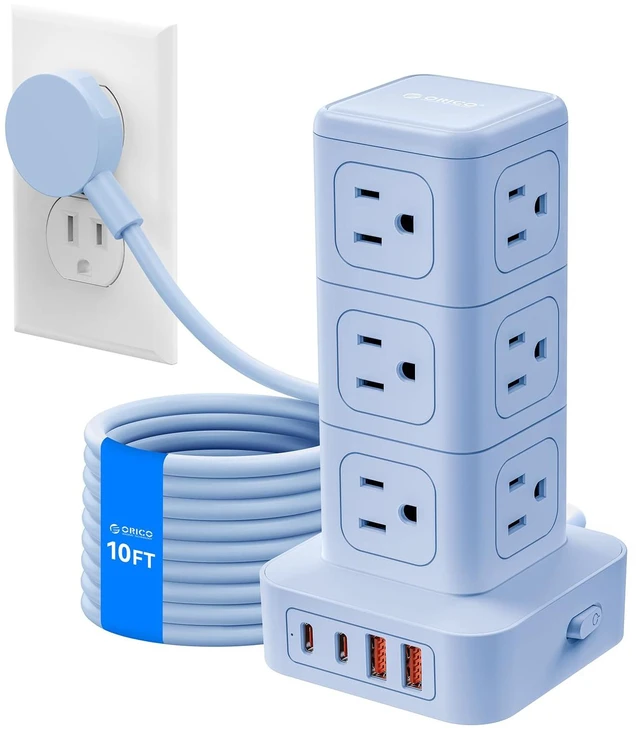 Main image of 10FT Extension Cord with 12 AC Outlets 4 USB, Surge Protetctor Power Power Strip Tower, Outlet Extender, 20W Fast Charge Desk Accessories for Home Office Dorm