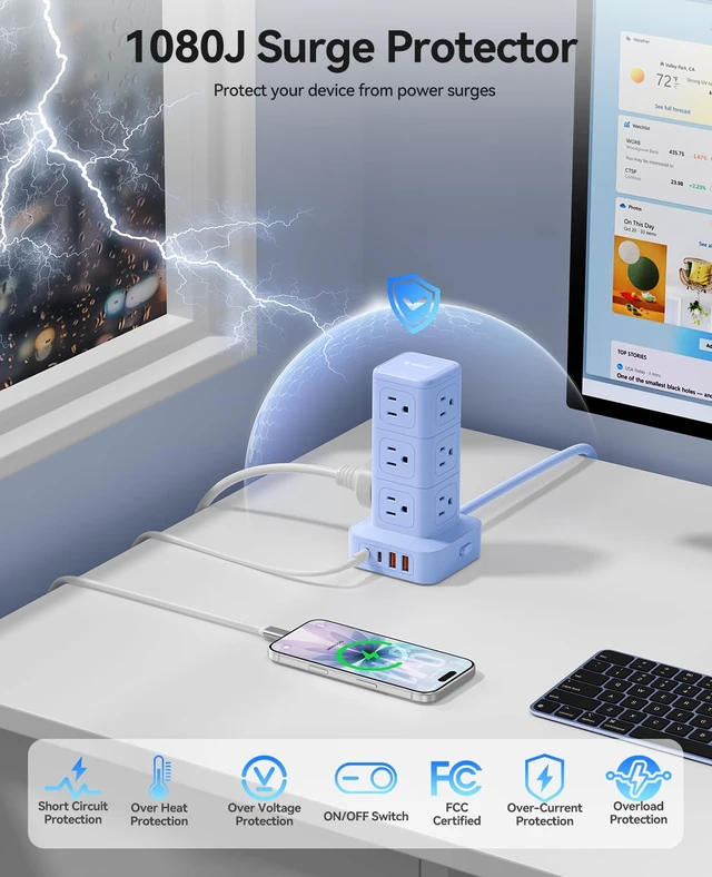 Alt view image 4 of 7 - Power Strip Tower with Multiple Outlets, Tower Extension Cord with 12 AC Outlets 4 USB Ports (2 USB C), Space Saving Design, 5FT Cord Power Tower for Home, Office, Dorm - TPP20