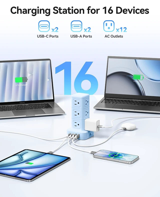 Alt view image 3 of 7 - 10FT Extension Cord with 12 AC Outlets 4 USB, Surge Protetctor Power Power Strip Tower, Outlet Extender, 20W Fast Charge Desk Accessories for Home Office Dorm