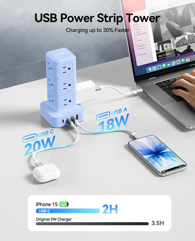 Alt view image 3 of 7 - Power Strip Tower with Multiple Outlets, Tower Extension Cord with 12 AC Outlets 4 USB Ports (2 USB C), Space Saving Design, 5FT Cord Power Tower for Home, Office, Dorm - TPP20