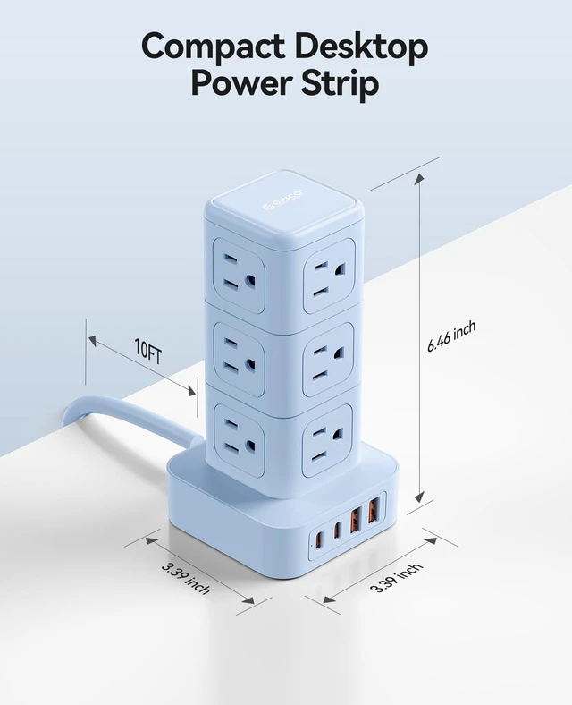 Alt view image 5 of 7 - 10FT Extension Cord with 12 AC Outlets 4 USB, Surge Protetctor Power Power Strip Tower, Outlet Extender, 20W Fast Charge Desk Accessories for Home Office Dorm