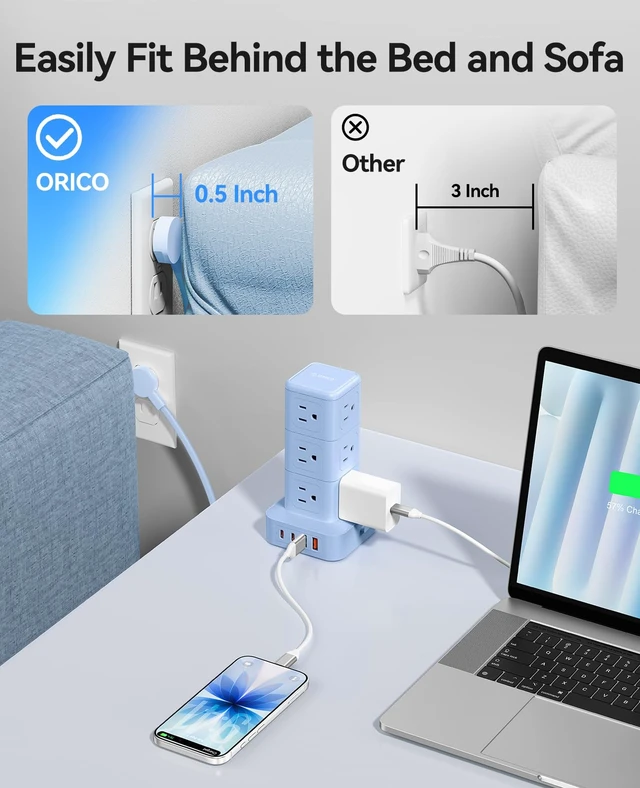 Alt view image 5 of 7 - Power Strip Tower with Multiple Outlets, Tower Extension Cord with 12 AC Outlets 4 USB Ports (2 USB C), Space Saving Design, 5FT Cord Power Tower for Home, Office, Dorm - TPP20