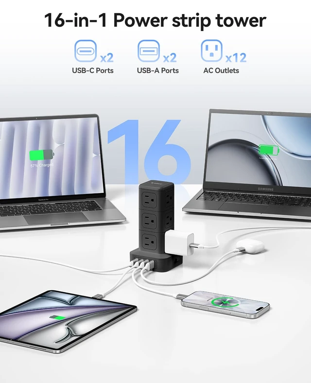 Alt view image 3 of 7 - 10FT Extension Cord with 12 AC Outlets 4 USB, Surge Protetctor Power Power Strip Tower, Outlet Extender, 20W Fast Charge Desk Accessories for Home Office Dorm