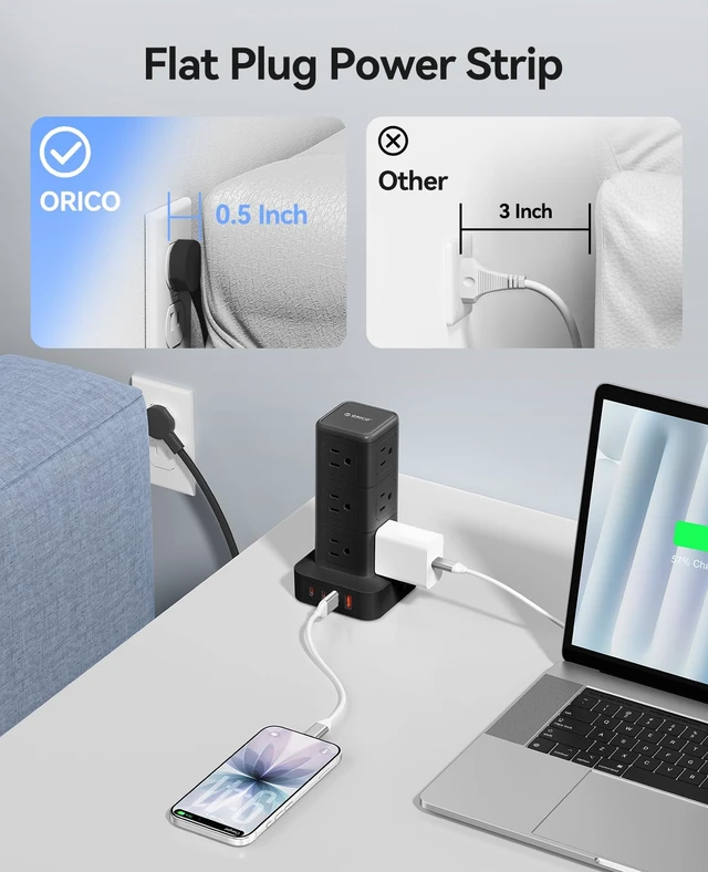 Alt view image 5 of 7 - 10FT Extension Cord with 12 AC Outlets 4 USB, Surge Protetctor Power Power Strip Tower, Outlet Extender, 20W Fast Charge Desk Accessories for Home Office Dorm
