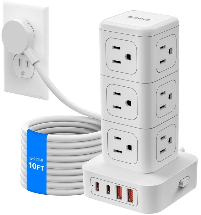 Main image of 10FT Extension Cord with 12 AC Outlets 4 USB, Surge Protetctor Power Power Strip Tower, Outlet Extender, 20W Fast Charge Desk Accessories for Home Office Dorm