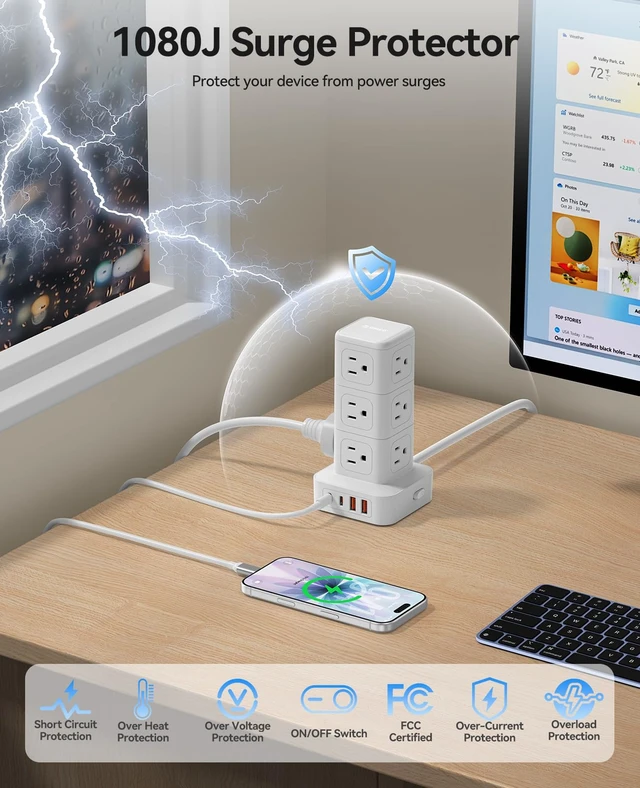 Alt view image 4 of 7 - Tower Power Strip with Surge Protection, Charging Station Tower with 12 AC Outlets 4 USB Ports (2 USB C), Space Saving Design, 5FT Tower Extension Cord for Home, Office, Dorm - TPP20