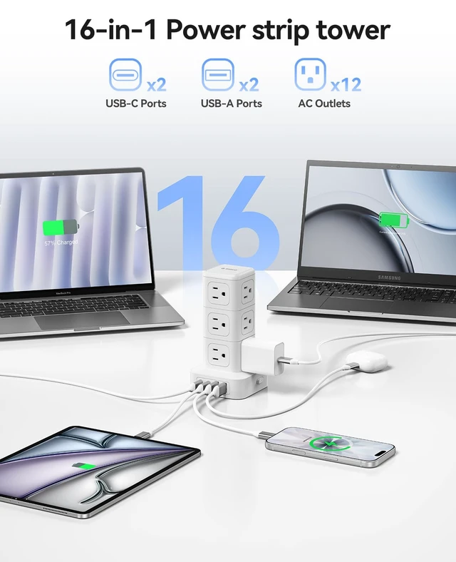 Alt view image 3 of 7 - 10FT Extension Cord with 12 AC Outlets 4 USB, Surge Protetctor Power Power Strip Tower, Outlet Extender, 20W Fast Charge Desk Accessories for Home Office Dorm