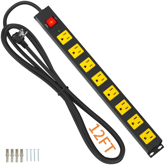 Main image of 8 Outlet Power Strip 2100J Surge Protector, 12FT Heavy Duty Extension Cord Wide Spaced Outlet and Wall Mount Metal Powerstrip for Home Office Garage Workshop