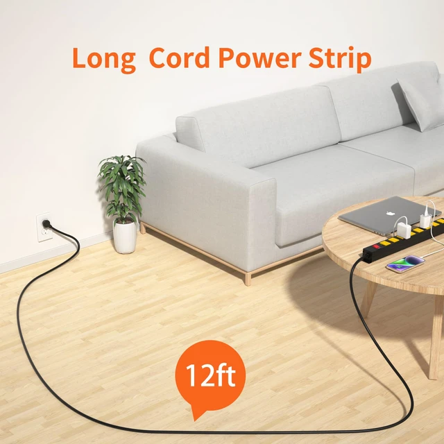 Alt view image 2 of 7 - 8 Outlet Power Strip 2100J Surge Protector, 12FT Heavy Duty Extension Cord Wide Spaced Outlet and Wall Mount Metal Powerstrip for Home Office Garage Workshop
