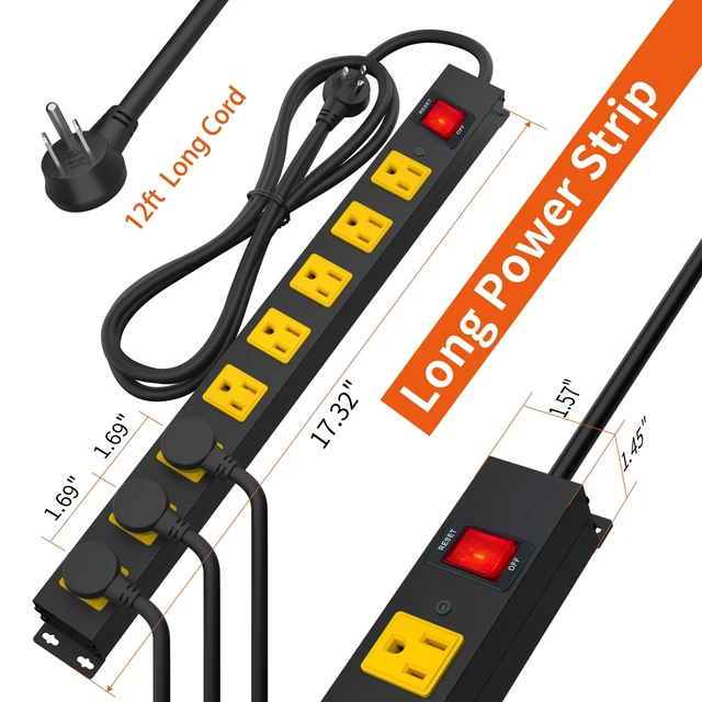 Alt view image 7 of 7 - 8 Outlet Power Strip 2100J Surge Protector, 12FT Heavy Duty Extension Cord Wide Spaced Outlet and Wall Mount Metal Powerstrip for Home Office Garage Workshop