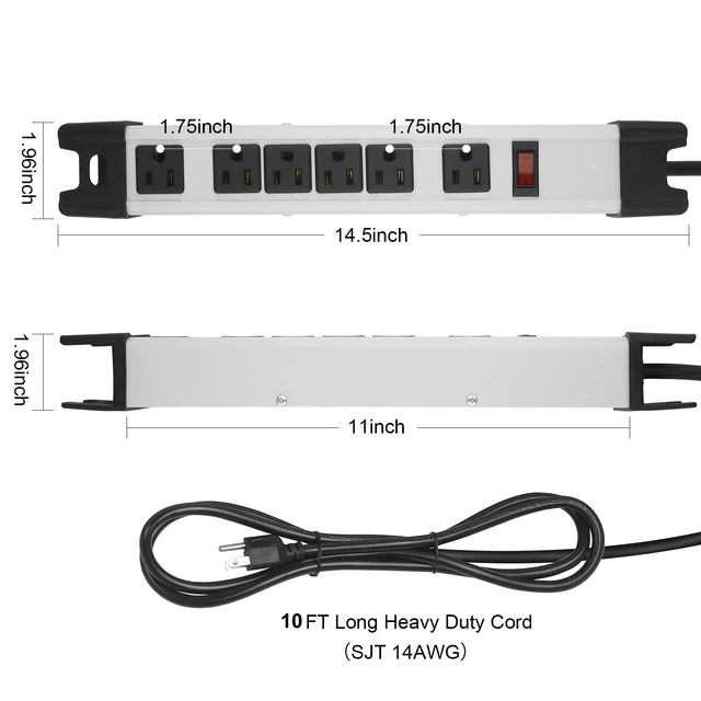 Alt view image 3 of 7 - Heavy Duty Surge Protector Power Strip. Grey, 10ft, 1. Extension Cord with Multiple Outlets, Metal Plug Extender, Grounding, Wide Spaced, 6 AC, for Appliance, Garage. ETL Listed