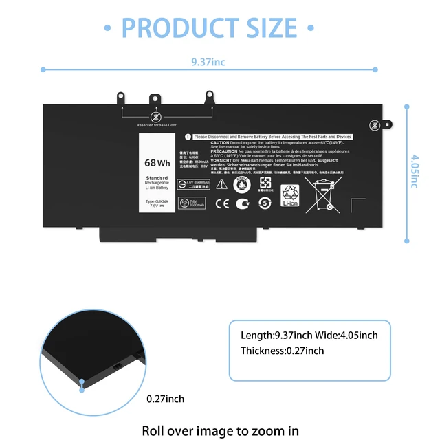 Alt view image 2 of 7 - 68WH GJKNX Battery Replacement for Dell Latitude 5480 5580 5490 5590 5280 5288 5488 5591 5491 5495 E5480 E5580 E5490 E5590 Precision 15 3520 3530 Series GD1JP DY9NT 5YHR4 451-BBZG 7.6V