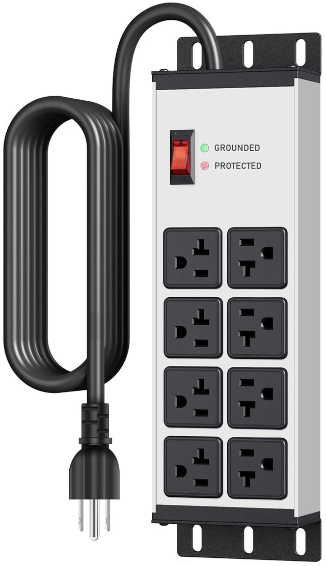 Main image of Heavy Duty Surge Protector, 12 Gauge Extension Cord, Silver, 15 FT Metal Wall Mount 8 Outlets Power Strip, High Amp Outlet Extender for Garage Industrial Shop, 4800J
