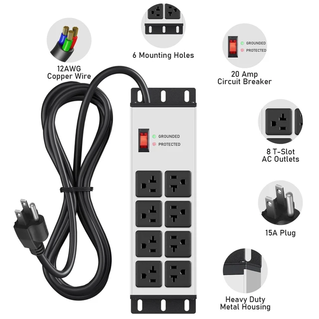Alt view image 2 of 7 - Heavy Duty Surge Protector, 12 Gauge Extension Cord, Silver, 15 FT Metal Wall Mount 8 Outlets Power Strip, High Amp Outlet Extender for Garage Industrial Shop, 4800J