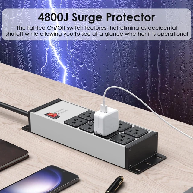 Alt view image 4 of 7 - Heavy Duty Surge Protector, 12 Gauge Extension Cord, Silver, 15 FT Metal Wall Mount 8 Outlets Power Strip, High Amp Outlet Extender for Garage Industrial Shop, 4800J
