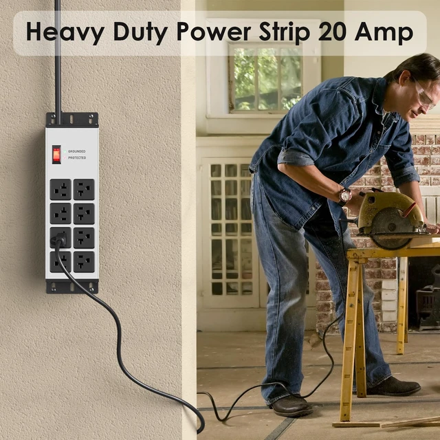 Alt view image 6 of 7 - Heavy Duty Surge Protector, 12 Gauge Extension Cord, Silver, 15 FT Metal Wall Mount 8 Outlets Power Strip, High Amp Outlet Extender for Garage Industrial Shop, 4800J