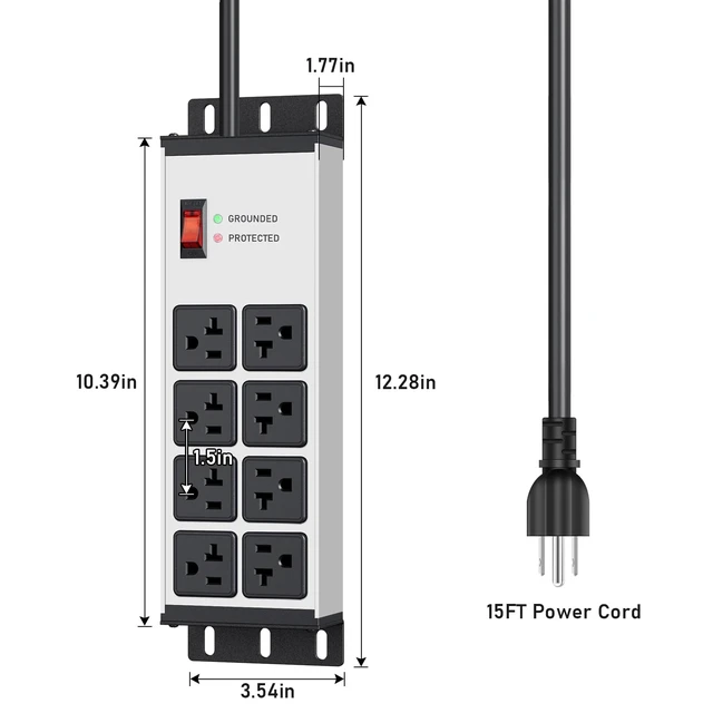 Alt view image 7 of 7 - Heavy Duty Surge Protector, 12 Gauge Extension Cord, Silver, 15 FT Metal Wall Mount 8 Outlets Power Strip, High Amp Outlet Extender for Garage Industrial Shop, 4800J