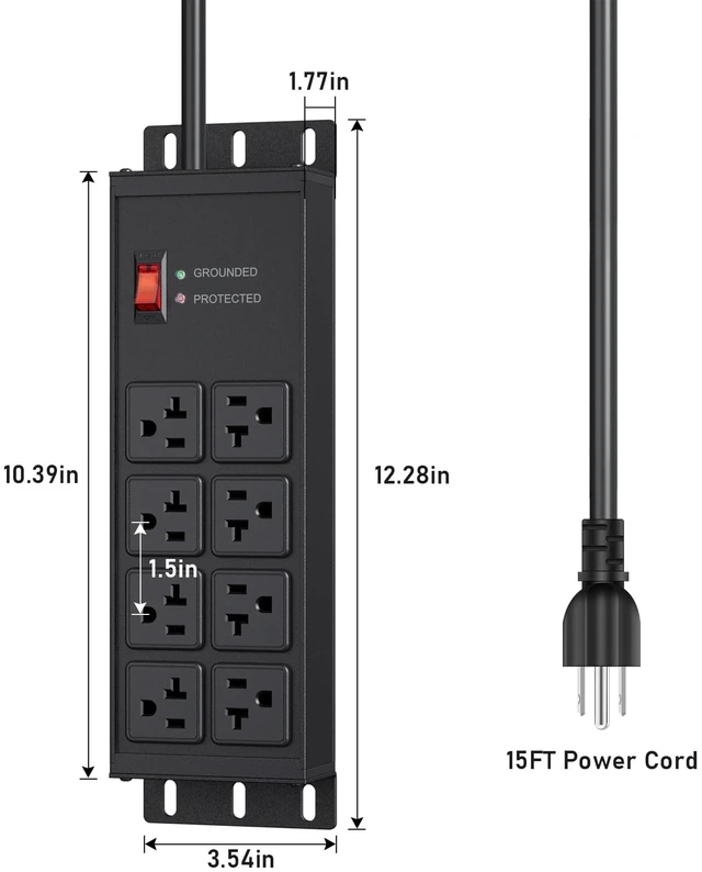 Alt view image 7 of 7 - Heavy Duty Surge Protector, 12 Gauge Extension Cord, Black, 15 FT Metal Wall Mount 8 Outlets Power Strip, High Amp Outlet Extender for Garage Industrial Shop, 4800J