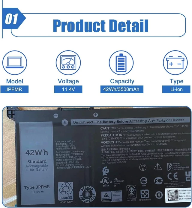 Alt view image 2 of 6 - 42Wh JPFMR laptop Battery Replacement for Dell Chromebook 3400 3100 2-in-1 For Chromebook 5488 5493 5593 Series, 0JPFMR 7T0D3 07T0D3 7MT0R 7MTOR 16DPH 65N6H DN33X RDNP5, 11.4V 3500mAh
