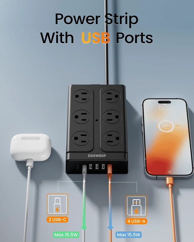 Alt view image 3 of 7 - Surge Protector Power Strip 6FT Flat Plug 12 Outlets with 6 USB Ports 2 Pack 6FT Power Strip Flat Plug Extension Cord, 12 AC(1850W/15A/14AWG) &6 USB (2 USB C)Multiple Outlets,ETL Listed