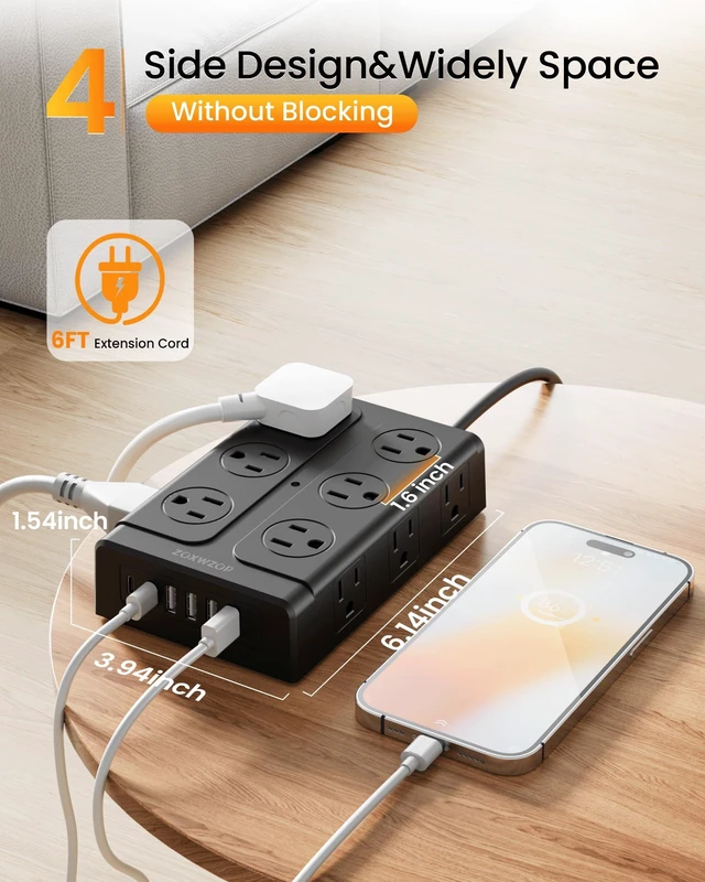 Alt view image 7 of 7 - Surge Protector Power Strip 6FT Flat Plug 12 Outlets with 6 USB Ports 2 Pack 6FT Power Strip Flat Plug Extension Cord, 12 AC(1850W/15A/14AWG) &6 USB (2 USB C)Multiple Outlets,ETL Listed