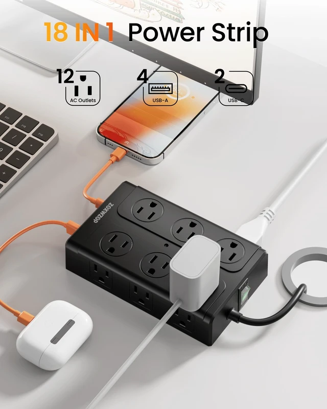 Alt view image 2 of 7 - Surge Protector Power Strip 6FT Flat Plug 12 Outlets with 6 USB Ports 2 Pack 6FT Power Strip Flat Plug Extension Cord, 12 AC(1850W/15A/14AWG) &6 USB (2 USB C)Multiple Outlets,ETL Listed
