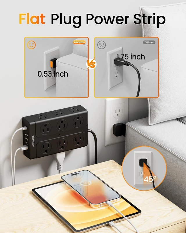 Alt view image 6 of 7 - Surge Protector Power Strip 6FT Flat Plug 12 Outlets with 6 USB Ports 2 Pack 6FT Power Strip Flat Plug Extension Cord, 12 AC(1850W/15A/14AWG) &6 USB (2 USB C)Multiple Outlets,ETL Listed