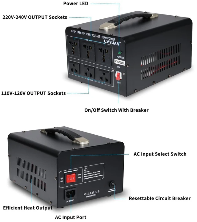 Alt view image 2 of 7 - 5000 Watt Voltage Converter Transformer Heavy Duty Step Up/Down AC 110V/120V/220V/240V Power Converter with 3 US Outlets, 3 Universal Outlets, Resettable Circuit Breaker Protection