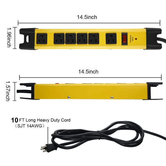 Alt view image 3 of 7 - Heavy Duty Surge Protector Power Strip. Yellow, 10ft, 1. Extension Cord with Multiple Outlets, Metal Plug Extender, Grounding, Wide Spaced, 6 AC, for Appliance, Garage. ETL Listed