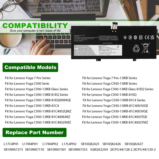 Alt view image 5 of 7 - 60Wh L17C4PH1 Laptop Battery for Lenovo Yoga 7 Pro Pro-13IKB C930 C930-13IKB C930-131KB 930-13IKB-81EQ 81C4 81EQ 5B10Q82425 5B10Q82426 5B10Q82427 C930-13IK C930-13IKB L17M4PH1 L17M4PH2 L17L4PH2