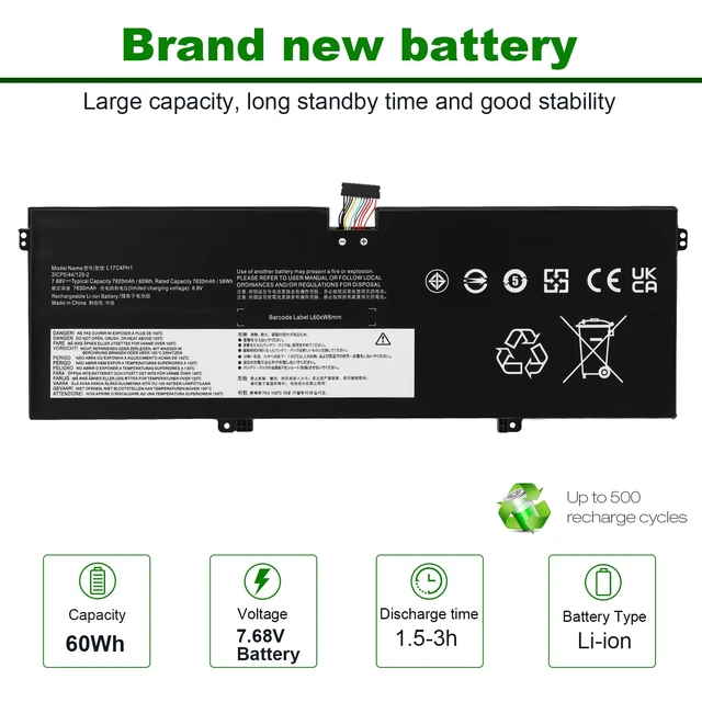 Alt view image 7 of 7 - 60Wh L17C4PH1 Laptop Battery for Lenovo Yoga 7 Pro Pro-13IKB C930 C930-13IKB C930-131KB 930-13IKB-81EQ 81C4 81EQ 5B10Q82425 5B10Q82426 5B10Q82427 C930-13IK C930-13IKB L17M4PH1 L17M4PH2 L17L4PH2
