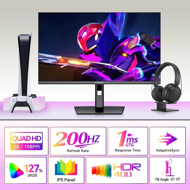 Alt view image 2 of 7 - 27 Inch 1440p Gaming Monitor 200Hz, 1ms, Fast IPS Screen, HDR400, 127% sRGB Color Gamut, Tilt Adjustable Stand, Adaptive Sync Technology, HDMI & DP Ports, 2K Monitor, Black