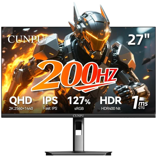 Main image of 27 Inch 1440p Gaming Monitor 200Hz, 1ms, Fast IPS Screen, HDR400, 127% sRGB Color Gamut, Tilt Adjustable Stand, Adaptive Sync Technology, HDMI & DP Ports, 2K Monitor, Black