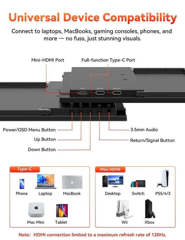 Alt view image 5 of 7 - 16" 2.5K 144Hz Portable Gaming Monitor, 2560x1600 QHD 125% sRGB USB-C HDMI Laptop Monitor, External Travel Monitor w/Adjustable Kickstand for MacBook, Laptop, PC, Phone, Tablet, Switch, PS5