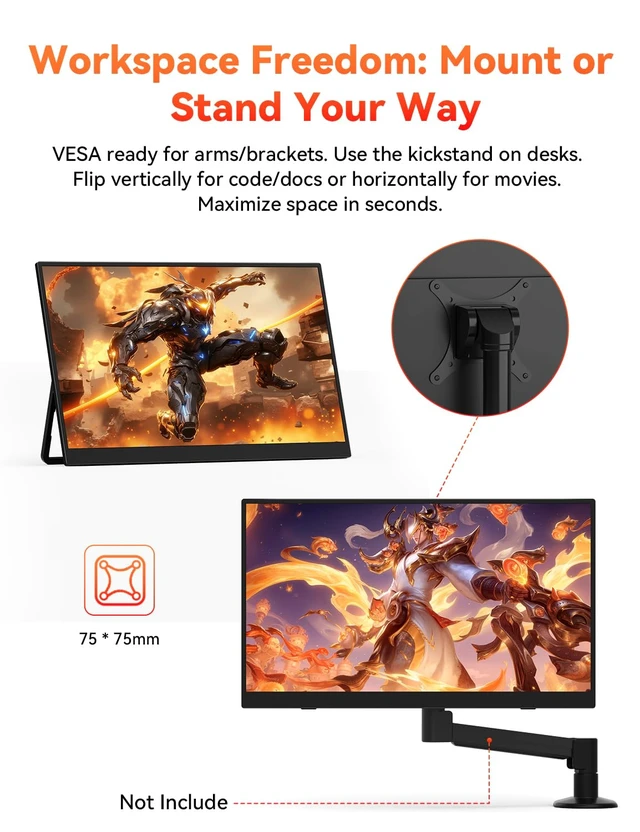 Alt view image 7 of 7 - 16" 2.5K 144Hz Portable Gaming Monitor, 2560x1600 QHD 125% sRGB USB-C HDMI Laptop Monitor, External Travel Monitor w/Adjustable Kickstand for MacBook, Laptop, PC, Phone, Tablet, Switch, PS5