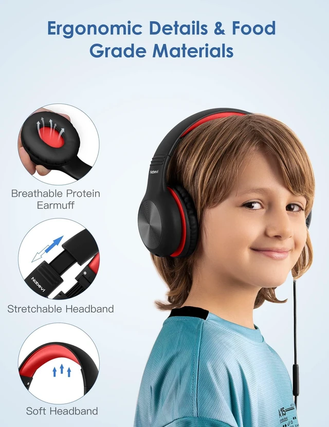 Alt view image 3 of 7 - Headphones for Kids for School, Kids Headphones with Microphone, Sharing Function, 85dB/94dB Safe Volume Limit, HD Sound, Over Ear Kid Headphone for School, On-line Study, Travel, Red