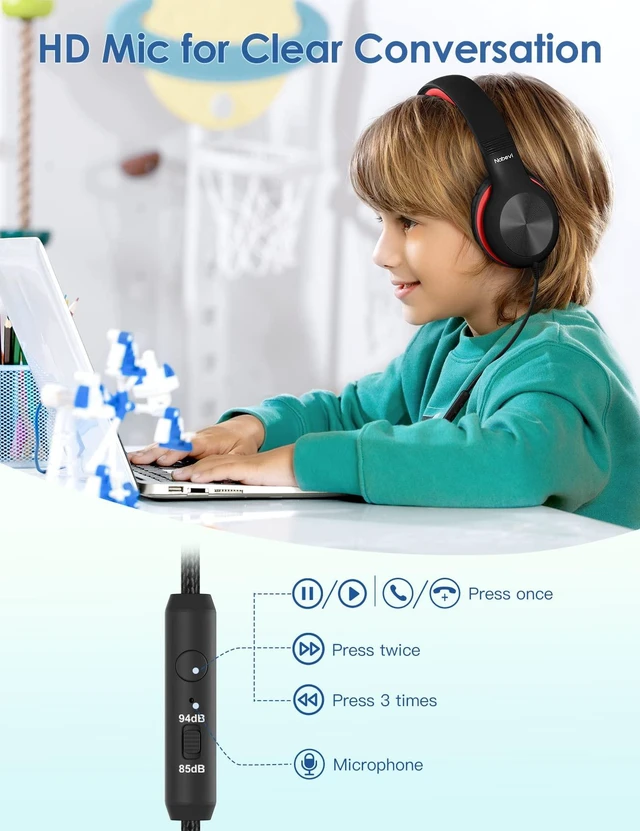 Alt view image 4 of 7 - Headphones for Kids for School, Kids Headphones with Microphone, Sharing Function, 85dB/94dB Safe Volume Limit, HD Sound, Over Ear Kid Headphone for School, On-line Study, Travel, Red
