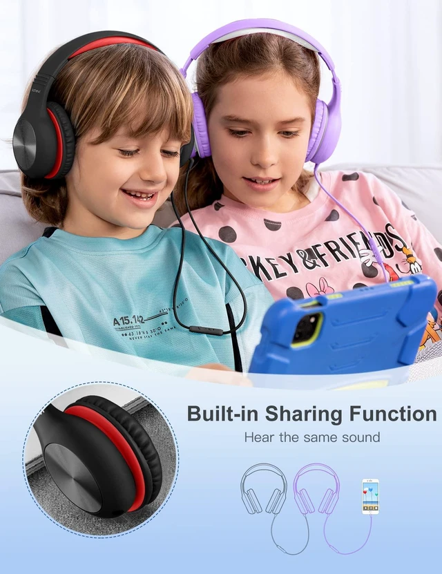 Alt view image 5 of 7 - Headphones for Kids for School, Kids Headphones with Microphone, Sharing Function, 85dB/94dB Safe Volume Limit, HD Sound, Over Ear Kid Headphone for School, On-line Study, Travel, Red