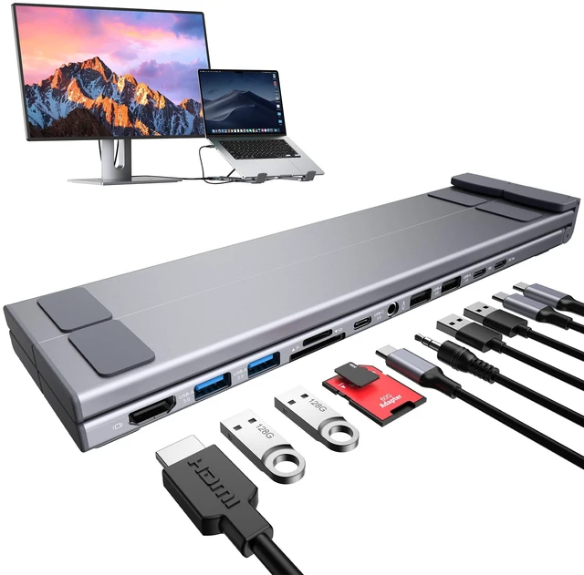 Main image of Laptop Docking Station Stand,11 in 1 Laptop Dock Stand with 4K HDMI 4K@60Hz HDMI, 2 USB A 3.0, 2 USB A 2.0, PD 100W, USB C 3.0+SD&TF+Audio Compatible with Mac Pro/Air/Dell/HP/Surface/Lenovo