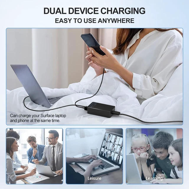 Alt view image 7 of 7 - 65W Surface Pro Laptop Charger for Microsoft Surface Pro 11,10, 9, 8, 7+, 7, 6, 5 Surface Laptop 5 Studio 4 Go 3 2, Surface Book 3 2 1, Surface Go Tablet, Support 36W, 44W