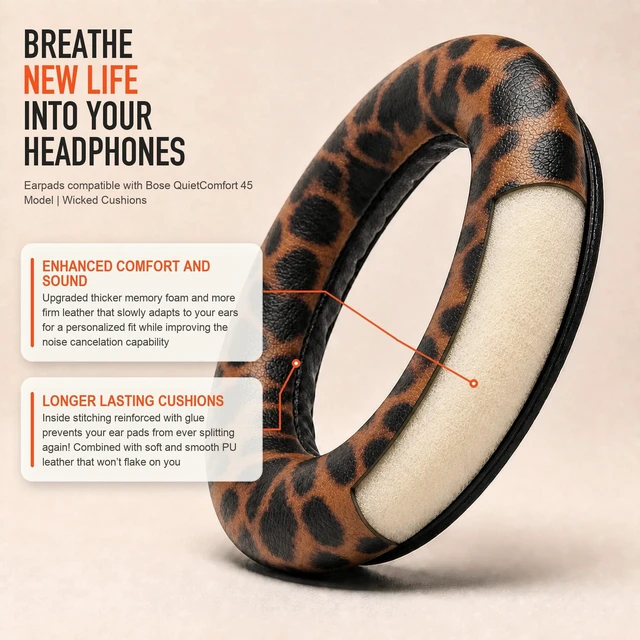 Alt view image 4 of 7 - PadZ QC45 - Earpads for Bose QuietComfort 45, QC SE & QC Wireless Made by Wicked Cushions Extra Thick Cushions, Premium Durable Stitching Leopard
