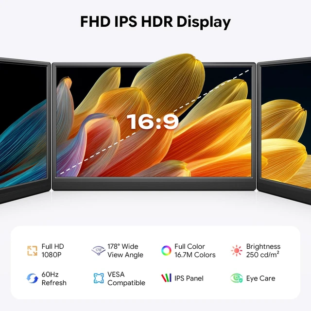 Alt view image 3 of 7 - 15.6" FHD Portable Monitor with Adjustable Stand & Sleeve FHD IPS Screen Extender, 75x75MM VESA, Dual Speakers, USB-C/HDMI for Laptop, PC, Mac, iPhone, PS5, Xbox, Switch
