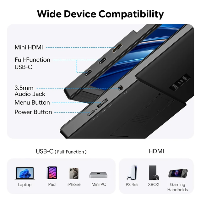 Alt view image 4 of 7 - 15.6" FHD Portable Monitor with Adjustable Stand & Sleeve FHD IPS Screen Extender, 75x75MM VESA, Dual Speakers, USB-C/HDMI for Laptop, PC, Mac, iPhone, PS5, Xbox, Switch