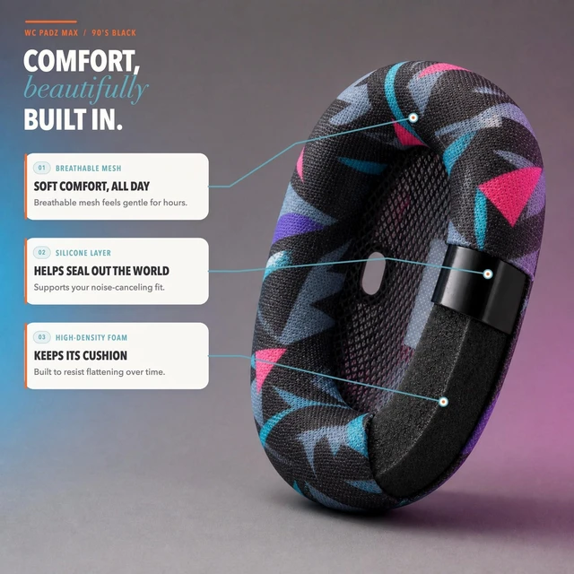 Alt view image 3 of 7 - PadZ Max - Ear Cushions for AirPods Max 1 & 2 Made by Wicked Cushions Soft Fabric, Enhanced Comfort & Unique Style 90's Black