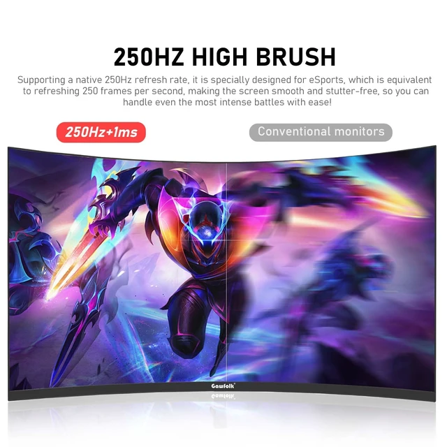 Alt view image 2 of 7 - 27 Inch Curved Gaming 250Hz Monitors, Built-in Speakers PC Screen VA panel,1800R curvature, 98% sRGB, 1ms response, HDMI 2.0/DisplayPort 1.4, Black
