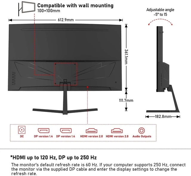 Alt view image 7 of 7 - 27 Inch Curved Gaming 250Hz Monitors, Built-in Speakers PC Screen VA panel,1800R curvature, 98% sRGB, 1ms response, HDMI 2.0/DisplayPort 1.4, Black