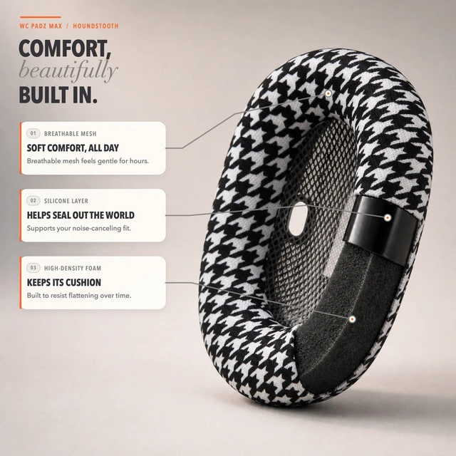 Alt view image 3 of 7 - PadZ Max - Ear Cushions for AirPods Max 1 & 2 Made by Wicked Cushions Soft Fabric, Enhanced Comfort & Unique Style Houndstooth