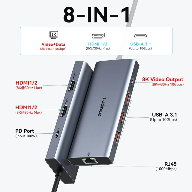 Alt view image 2 of 7 - Laptop USB C Docking Station Dual HDMI Monitors 8K USB C Video USB-C Hub Docking Station 3 Monitors Triple 4K Display USB C to 2 HDMI with USB-C Video 3*10G USB Port PD Ethernet for Dell HP Laptop